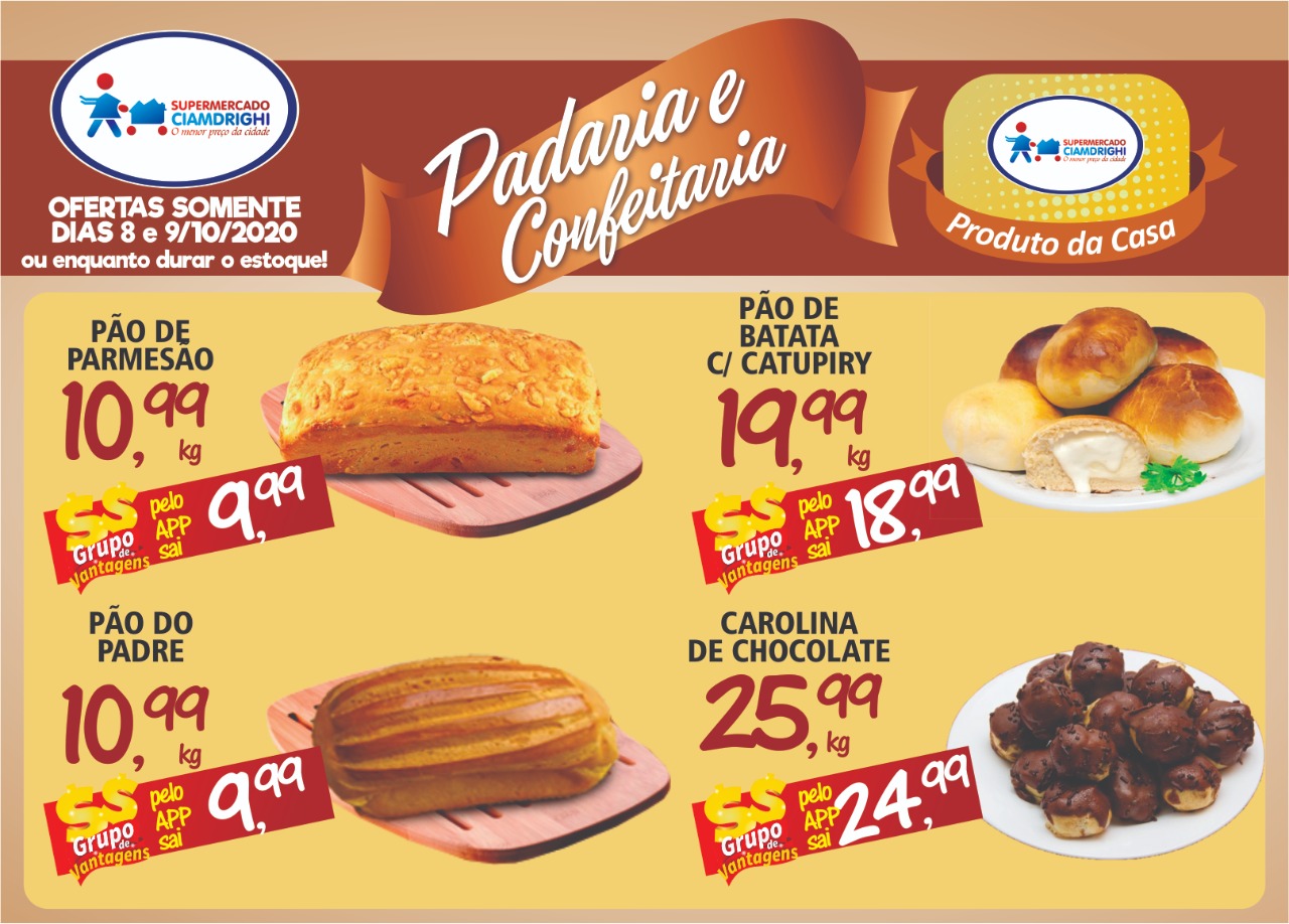 Padaria e Confeitaria do Ciamdrighi tem pão de parmesão, do padre, batata com catupiry e Carolina de Chocolate em promoção