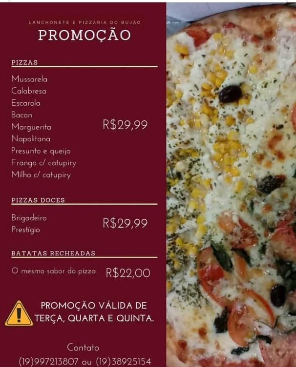 Bujão tem promoções em pizzas e batatas recheadas para hoje e amanhã