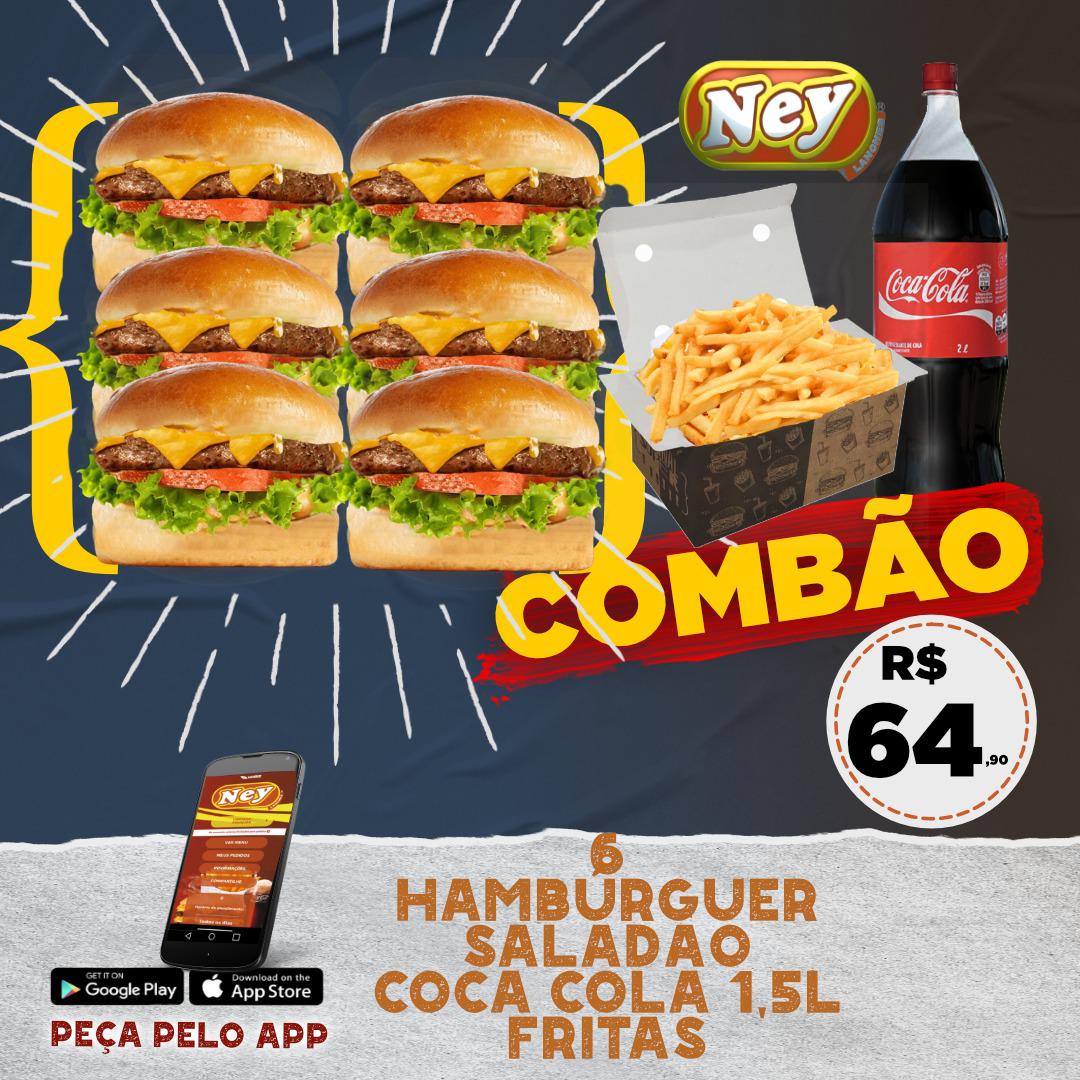 Ney Lanches tem combo com seis Hambúrguer Saladão, muita batata frita e Coca-Cola 1,5 litro, para o sábado