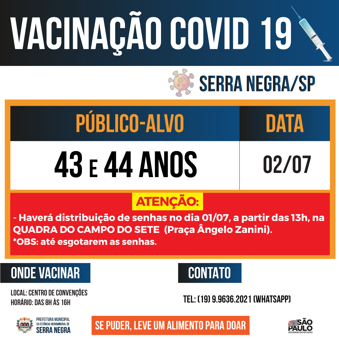 Senhas para a vacinação contra a Covid-19 para 43 e 44 serão distribuídas no Campo dos Sette, hoje