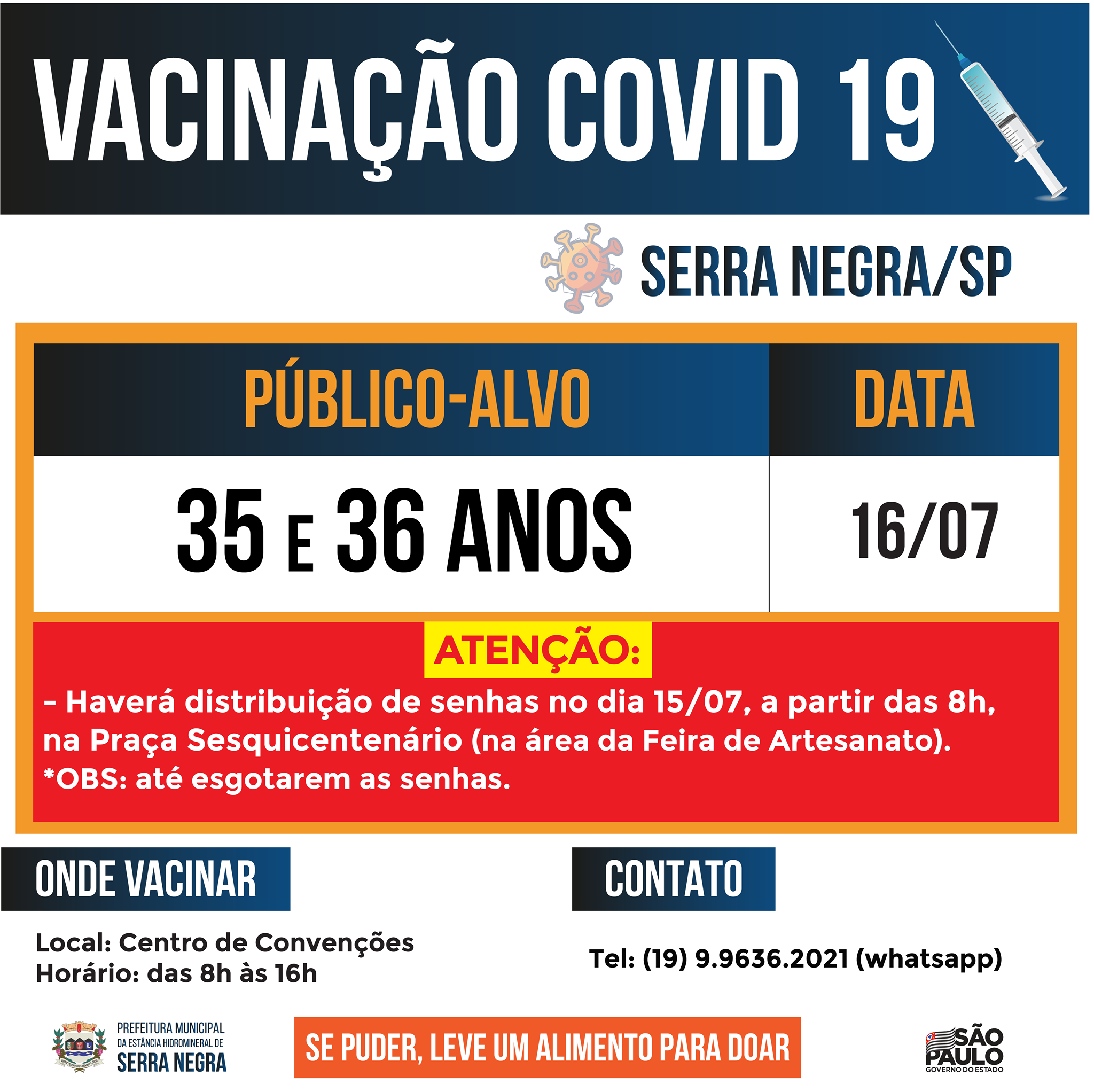 Serra Negra confirma vacinação para pessoas de 35 e 36 anos